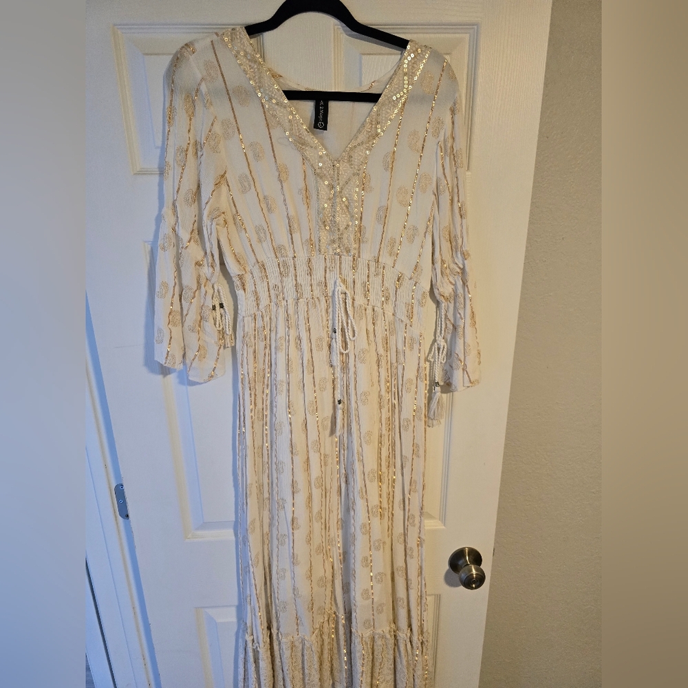 Embroidered V-Neck White Maxi Dress with Gold Detail